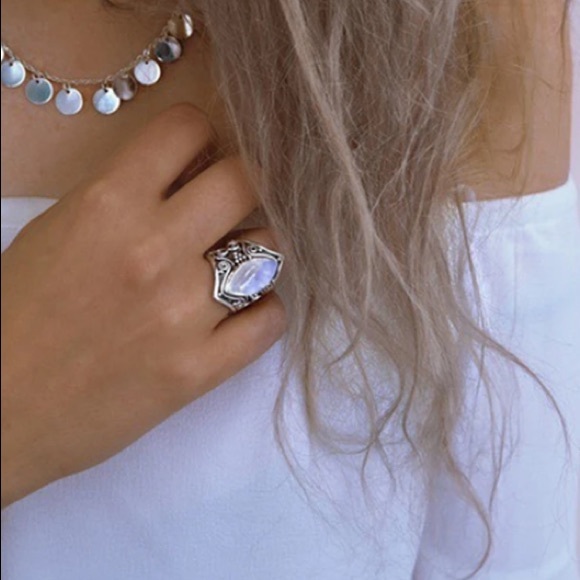 New Silver Color Big Opal Stone Ring Bohemian - Picture 4 of 6